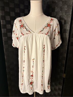 Lucky Brand white cotton embroidered floral boho peasant top